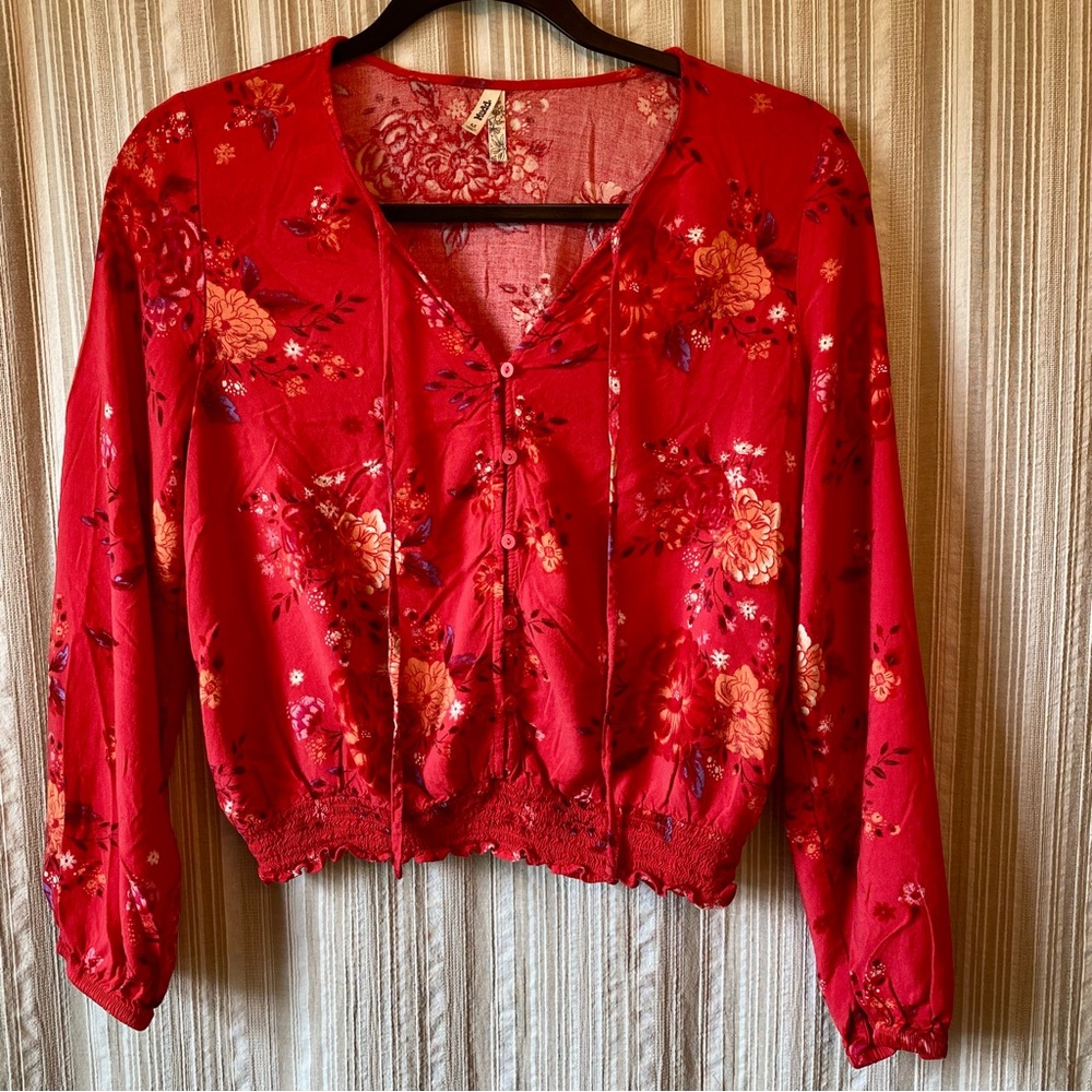 Women’s Red Floral Button-Front Boho Top